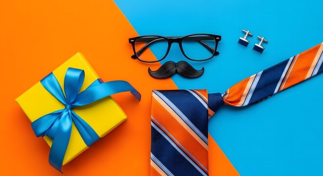 Fathers day gift ideas tie glasses cufflinks and present on colorful background