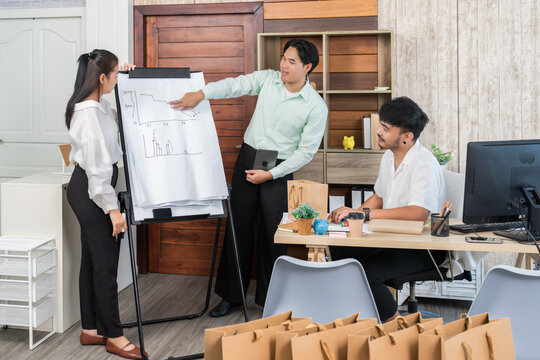 Business team brainstorming a solution for sales decline. Professionals discussing a turnaround strategy on a flip chart for their e-commerce retail business.
