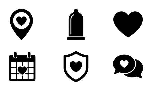Love and Safety Icons: Heart Location Pin, Condom, Heart, Calendar, Shield, Chat Bubbles, Vector Set for Health and Relationships