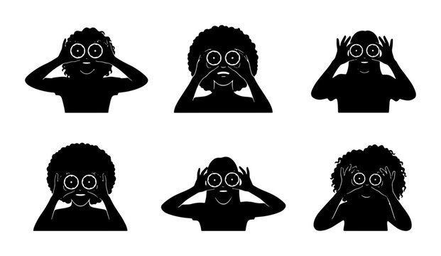 Diverse Silhouettes Looking Through Binoculars, Set of 6 Figures, Exploration and Discovery Icons, Searching and Observation Vector Graphics