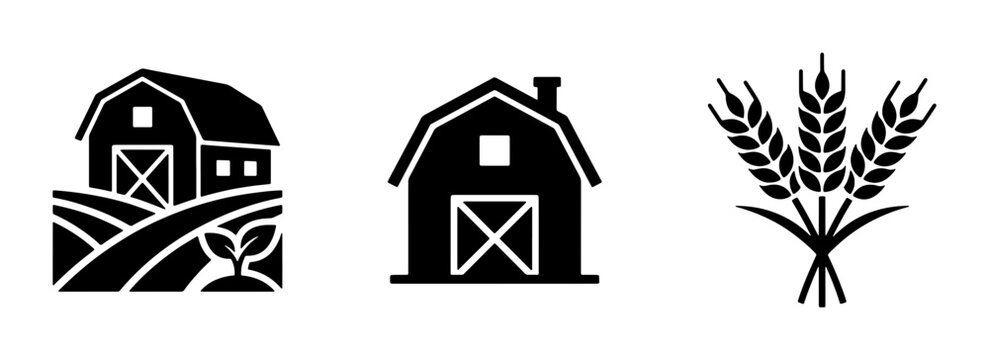 Farm Barn and Wheat Icons, Agricultural Symbols, Rural Landscape, Organic Farming Graphics, Black and White Vector Set