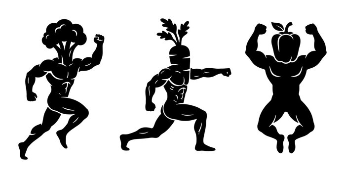 Muscular Vegetable Characters, Fitness Broccoli, Carrot, Bell Pepper Icons, Healthy Lifestyle Vector Set, Athletic Food Figures