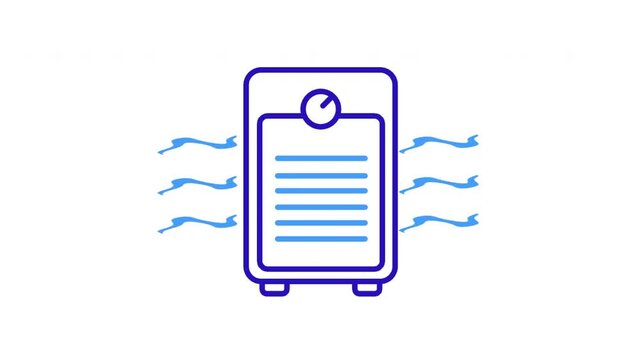 Animated line icon of air purifier with flowing air arrows on white background