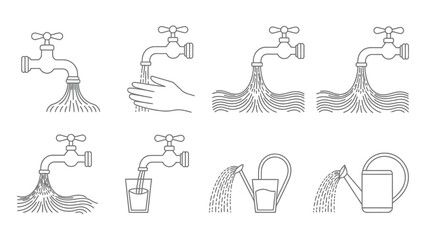 Obraz premium Set of linear water tap icons illustrating hand washing filling glass and watering plants for web design