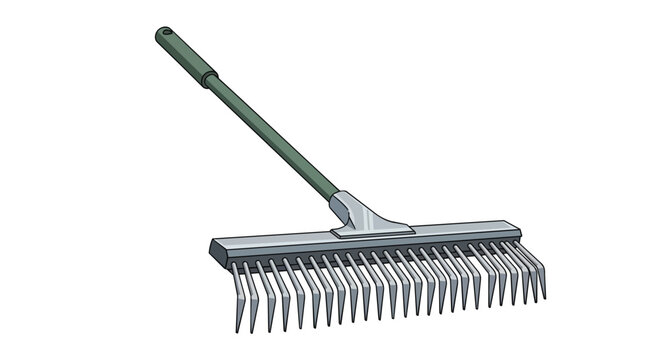 Metal Garden Rake with Long Green Handle for Outdoor Yard Maintenance and Soil Leveling Illustration