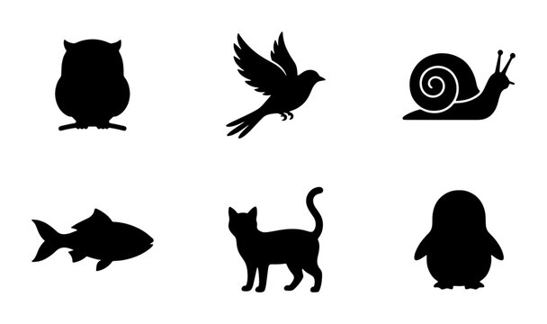 Black Silhouette Animal Icons Set: Owl, Bird, Snail, Fish, Cat, Penguin Vector Graphics for Nature and Wildlife Designs
