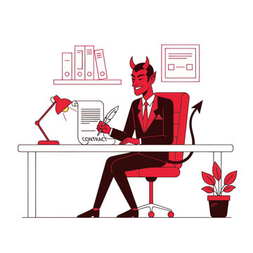Devil signing a contract at desk, business concept illustration