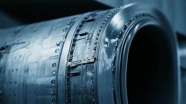 Turbine engine close up showing metallic parts, technical components, and rivets, conveying aerospace engineering, industrial power, and advanced technology