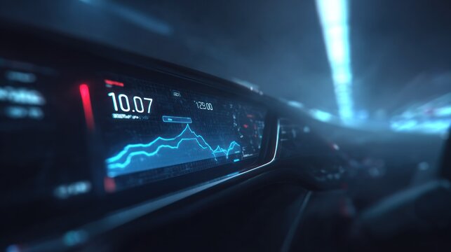 Futuristic digital dashboard displays complex data while driving through a dark passage