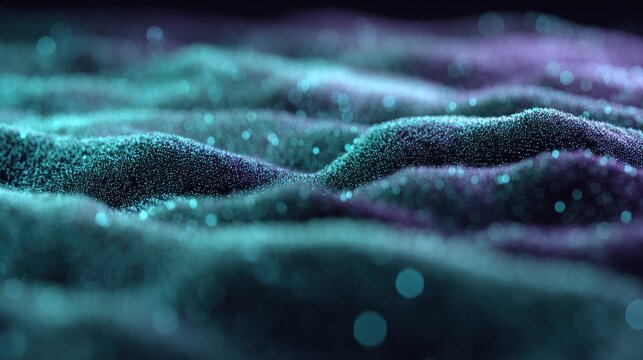 Glowing particulate matter forms undulating waves across a dark, textured surface.