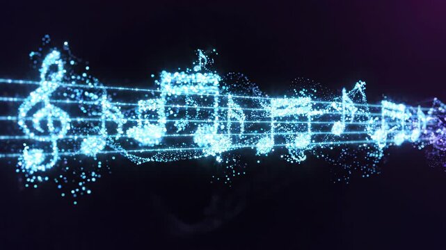 Abstract glowing blue music notes and treble clef symbol on a digital staff with sparkling particles, symbolizing artistic composition and representing modern audio entertainment media