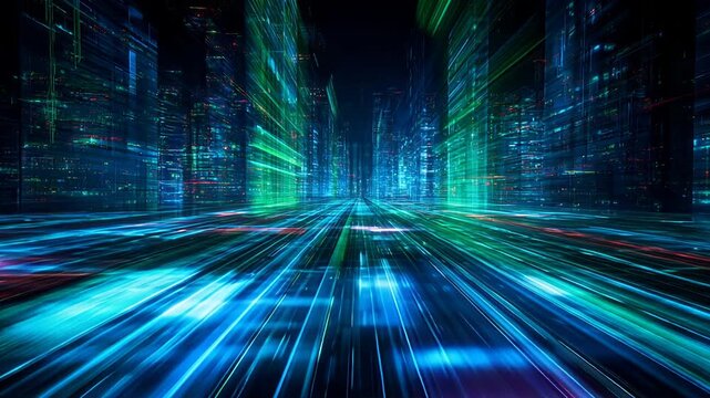 Digital metaverse technology with neon blue and green cyber communication, abstract speed connection and retro futuristic city background