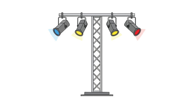 Professional stage lighting rig with red blue and yellow spotlights on a metal truss stand for outdoor concerts and festivals illustration