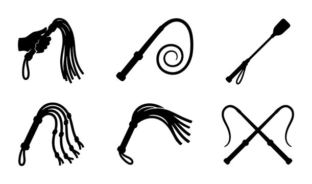 Collection of Six Black Silhouette Whips and Floggers, Vector Icons for Adult Themes, BDSM and Fetish Imagery