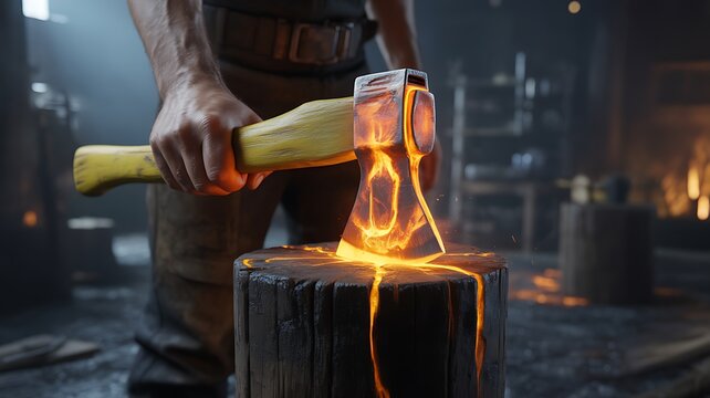 Persons hand holds a glowing axe blade resting on a glowing wooden stump in a workshop