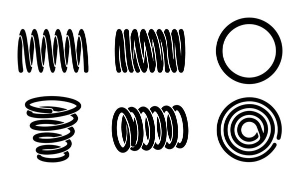 Set of 6 Black Coil Spring Icons, Mechanical Component Vector Graphics, Industrial Element Illustrations, Abstract Spiral Shapes for Design