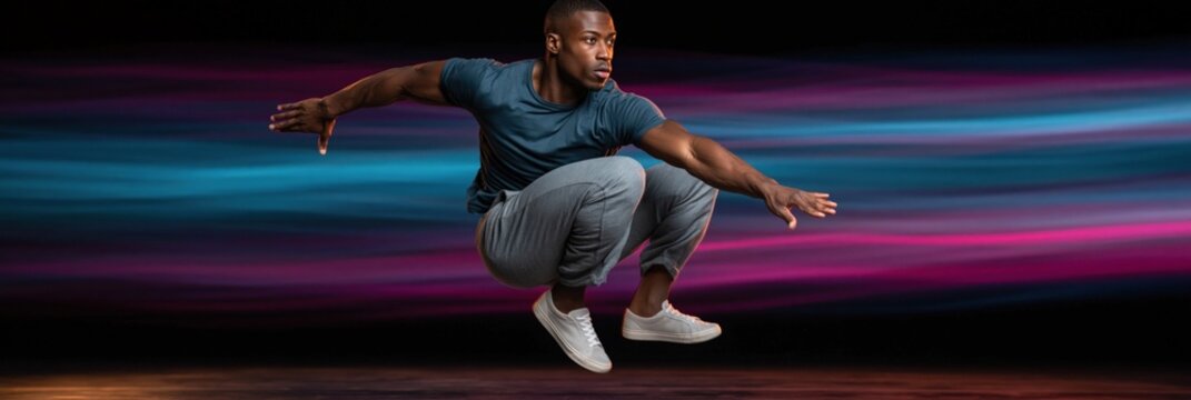 Male dancer crouching midair in studio with magenta streaks
