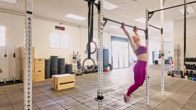 Strong athletic woman doing pull ups in a gym