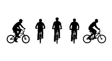 Obraz premium Bikers riding mountain bikes in various positions with helmets and gear featuring cycling, outdoor, sports with exercise and fitness elements for