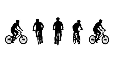 Obraz premium Bicycle rider icon set showing cycling silhouettes in varied poses for sports training, route planning, and fitness apps
