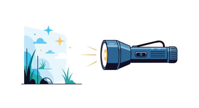 Blue handheld flashlight shining a beam of light on outdoor landscape with grass and stars at night illustration