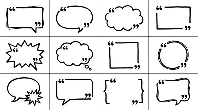 Hand drawn speech bubbles collection with quotation marks for creative design and social media content usage