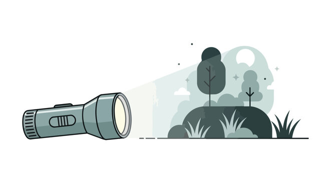 Handheld flashlight illuminating a natural landscape with trees and hills during night time outdoor exploration illustration