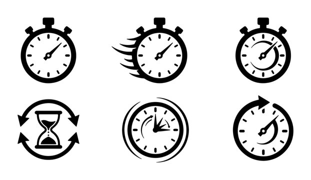 Six Stopwatch and Hourglass Icons, Time Management Symbols, Countdown Timer Graphics, Speed and Efficiency Vector Set, Chronometer and Sand Timer Icons for Business and Productivity