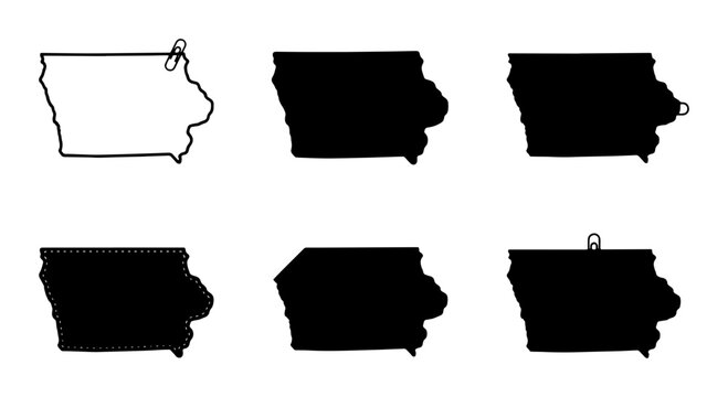 Iowa State Outline Vector Icons, Silhouette Maps, and Pin Markers for Geographic and Travel Graphics