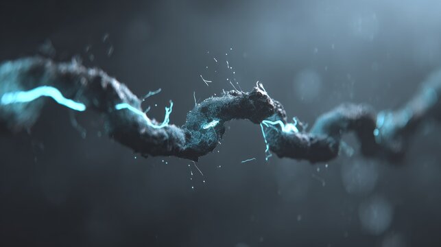 Damaged, frayed cable exhibits internal bright blue electrical energy discharge against a dark background.