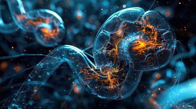 3D render of human nephron structure, proximal tubules with calcium crystal deposits glowing inside, translucent tissue walls, subsurface scattering effect on biological membranes