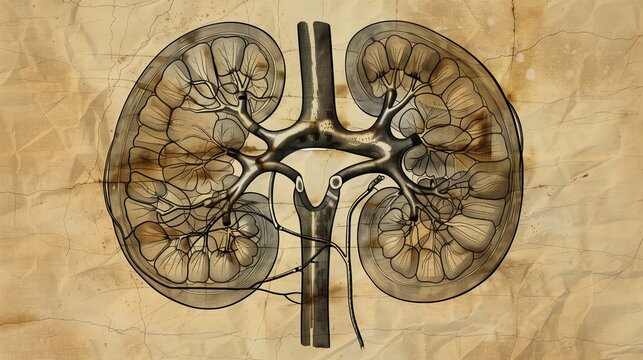  19th century medical engraving style illustration of human kidney, detailed etching of nephron structure and proximal tubules, Dent disease calcium deposits marked in gold ink