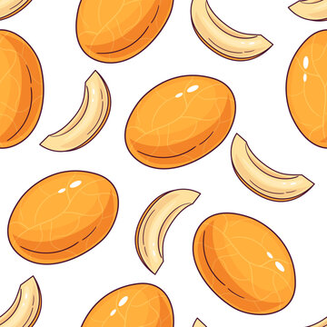 Seamless melon fruit pattern with fresh cantaloupe slice illustration. colorful tropical food background for textile, packaging, wallpaper and healthy lifestyle design