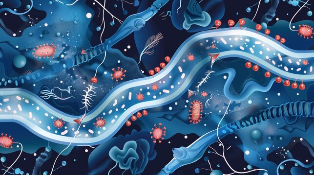 Medical infographic illustration of Dent disease pathogenesis, CLCN5 gene mutation pathway diagram, proximal tubule cell cross-section, arrows showing protein transport failure