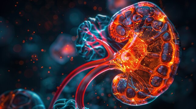 3D anatomical model of human kidney cross-section, damaged proximal tubules highlighted in red and orange, calcium oxalate crystal deposits visible, medical visualization