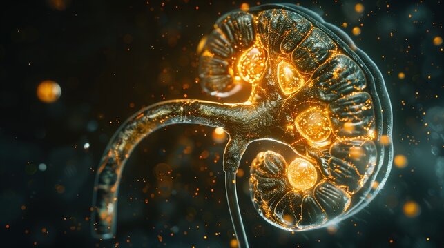 3D render of human kidney cross-section, nephrocalcinosis calcium deposits glowing bright white and gold scattered throughout renal cortex and medulla
