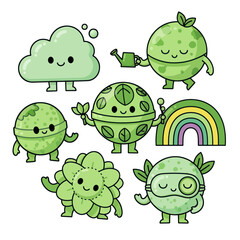Obraz premium Cute Green Characters with Nature Elements: Cloud, Planet, Flower, Rainbow