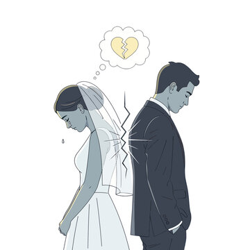 Divorce Concept: Sad Bride and Groom with Broken Heart Symbol