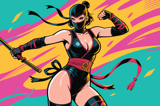 Beautiful Ninja Assassin Girl Vector Illustration Creative Design Template 