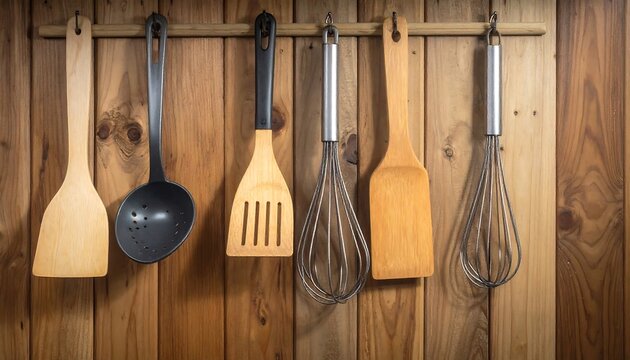 Kitchen utensils hanging on wooden wall preparing for cooking activities