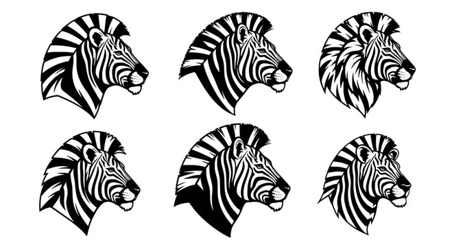 Zebra head profile illustrations set with black and white stripes featuring illustration, animal, wildlife with nature and graphic elements for