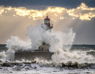 Fototapeta premium Sea storm surges, powerful waves crashing on a lighthouse under cloudy sky, dramatic seascape