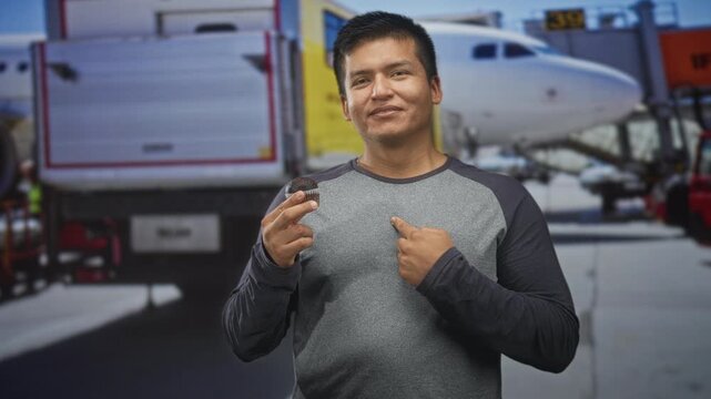 Man holding a chocolate muffin and points finger to chest while smiling before a jet at airport ramp, wearing long sleeve raglan shirt and relaxed posture; satisfaction.