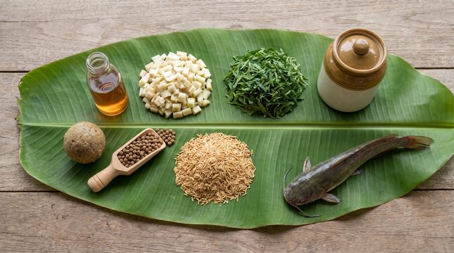 Homemade Catfish Feed On Banana Leaf