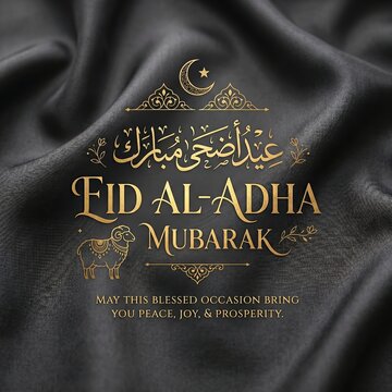 Luxury Eid Al-Adha Mubarak Greeting on Black Silk Fabric Texture