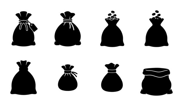 Set of 8 Black Silhouette Pouches, Drawstring Bags, and Sacks for Storage and Gift Packaging, Vector Icons
