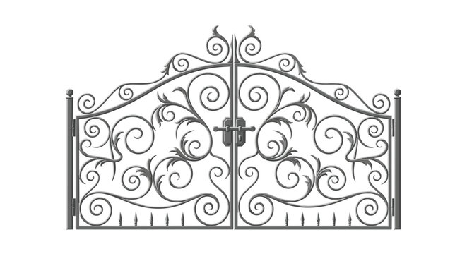 Elegant Ornate Wrought Iron Gate with Decorative Floral Swirls and Filigree Patterns Isolated on White Illustration