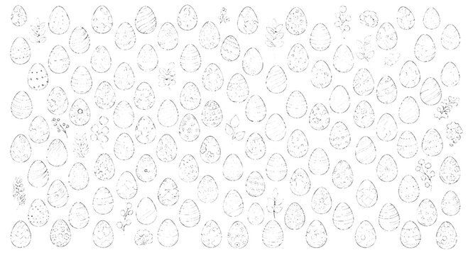 Easter egg pattern with repeated doodle icons and light speckled texture for festive spring background
