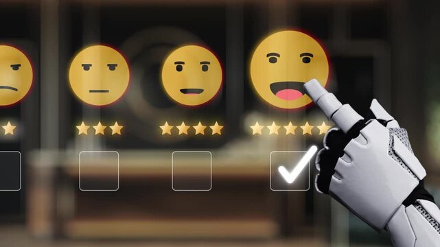 A robotic hand interacts with a digital feedback interface, selecting a smiley face rating, highlighting the role of AI in assessing customer satisfaction and engagement. Auvana