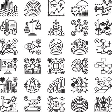 Climate Risk Analytics & Fintech Line Icons Set &ndash; 30 Minimal Black Outline Vector Icons for ESG Finance, Disaster Risk Mapping & Climate Resilience Technology